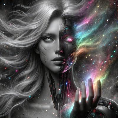 The primary subject of the image is a woman with blonde hair, who appears to be a mix of human and robotic elements. She is wearing a dress and has a robotic arm. The setting is a space with a background of stars, creating a futuristic and otherworldly atmosphere. The visual style is a digital art or illustration, with a focus on the woman's unique appearance. The colors and mood of the image are predominantly dark and mysterious, with the woman's robotic arm and
